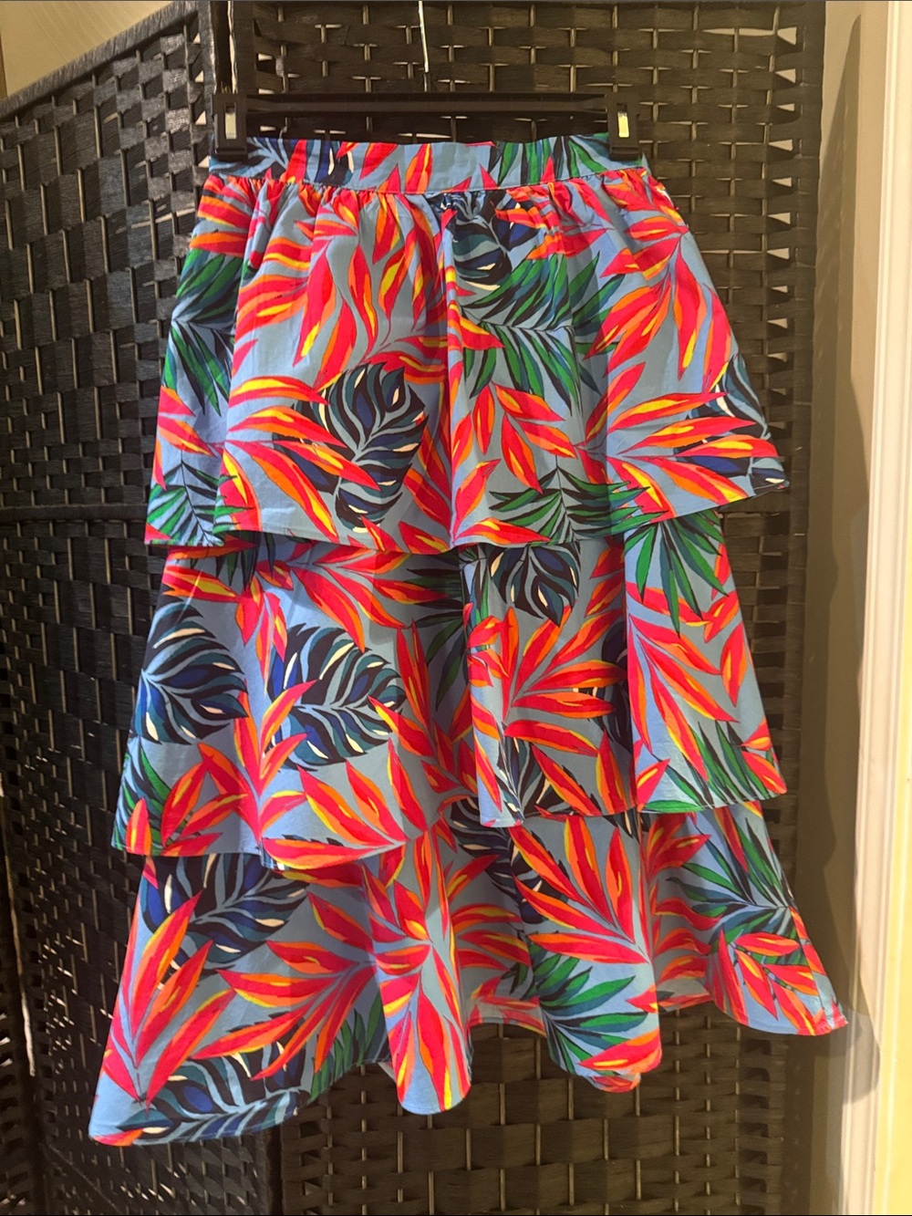 Tiered Tropical Skater Skirt - Blue with Multicolor Leaf Print